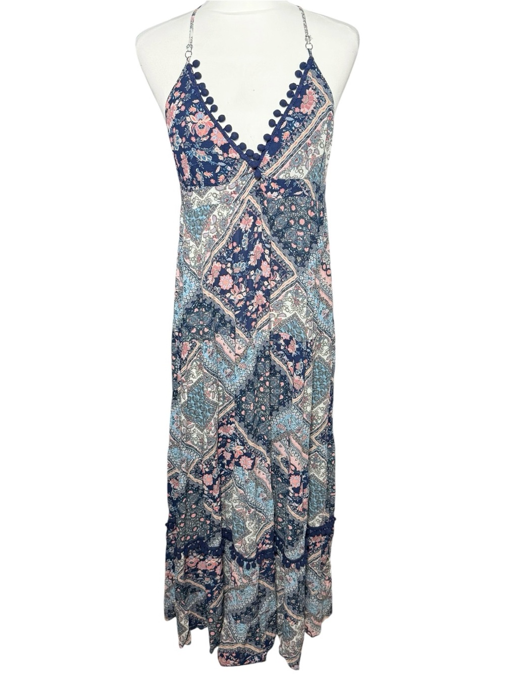 Studio F Boho Patchwork Midi Dress Sleeveless Floral Print Open Back Dress